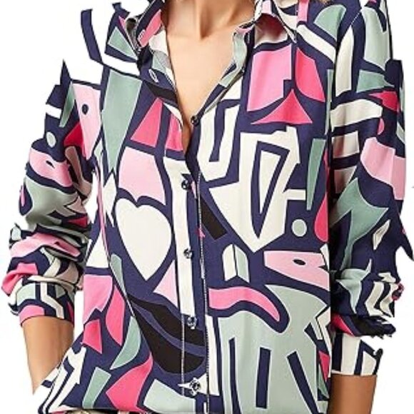 big dart Tops - New Big Dart Blouse Shirt Button Up Top Art Print Blue Pink Relaxed XL Women